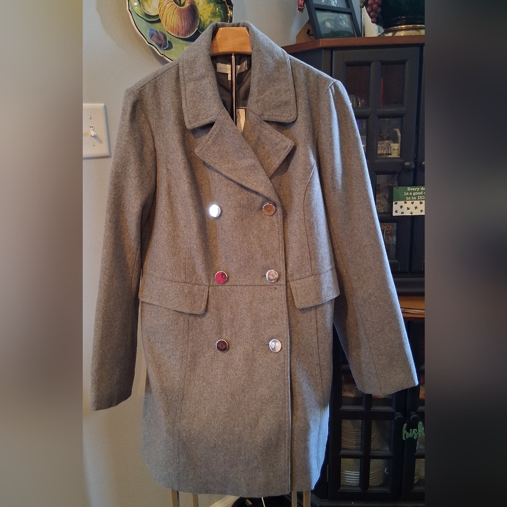 Women's Gray 3/4 Length Wool Coat, Size Large